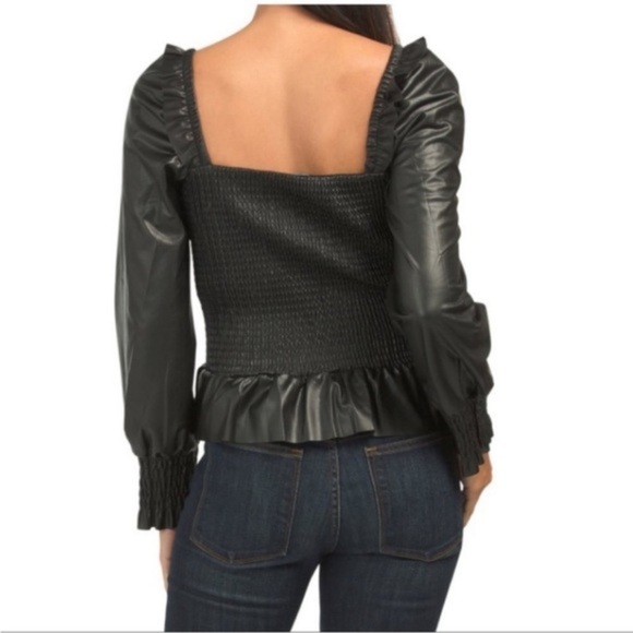 7 FOR ALL MANKIND Square Neck Shirred Smocked Faux Leather Peplum Blouse Top - Picture 2 of 7